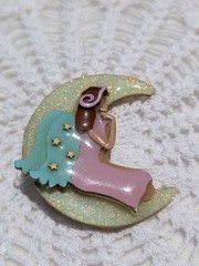 Vintage Unique Lucinda Pin Woman Angel Perched on Crescent Moon Glitter Pink