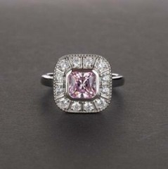 Asscher Cut Pink Sapphire With Old Mine Cut Cubic Zirconia Halo Vintage Ring