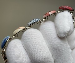 Porcelain Multicolor Design Bracelet 7.5in Round Chain Link Silver Tone Ladies
