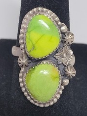 Gaspeite two stone adjustable ring with flower detail – SS 925 – handmade