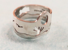 Sterling Ring with Cloud, Birds, Tree; Made in USA by Peggy Johnson; Size 5 1/2