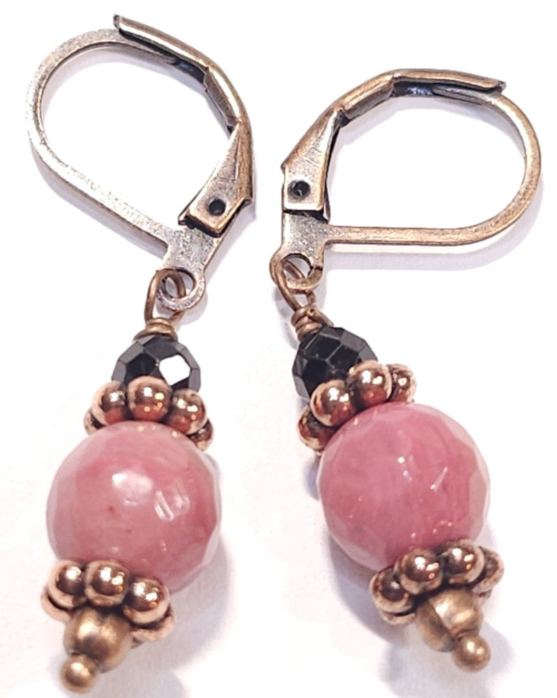 Pink Rhodonite & Black Tourmaline Gemstone Earrings Antique Copper Dangle
