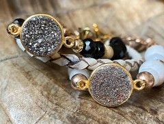 3 Baby Glass Beads Bracelets Geode Druzy Agate Crystal Pendant Zen Leather