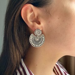 Boho Antique Silver Fan Dangle Stud Earrings Sunburst Cutout Ethnic Jewelry