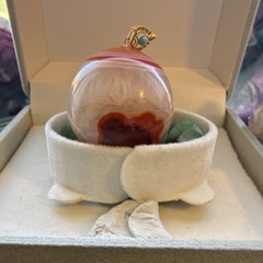 Red White Agate sphere Pendant with 18k Gold Bail, Turquoise Accent Charm