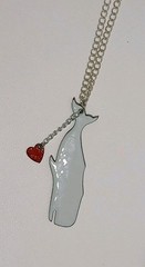 White Enameled Copper Whale Pendant Necklace 18” Silver Tone Chain Red Heart