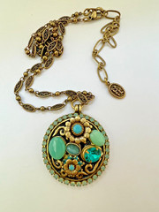 Michal Golan 24K Gold Blue Crystal Flower Statement Necklace w/ Chain Handmade