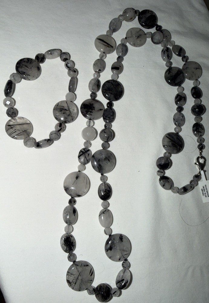 Natural Tourmilated Quartz Bead Necklace & Bracelet Coin & Round Beads 925 Clasp