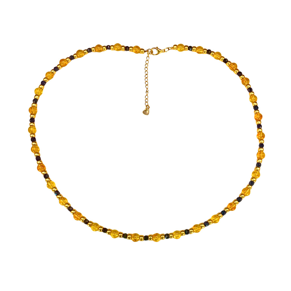 Citrine & Black Spinel Gemstone Necklace–Hand‑Beaded–18k Gold Accents – Natural