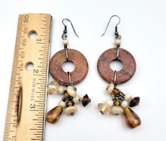 Boho Jasper Stone Disc & Glass Bead Dangle Drop Earrings Pierced Artisan 3.5″