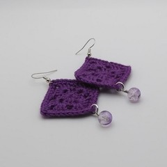 Handmade Crochet Earrings – Purple Granny Square – Cotton – Crackle Glass