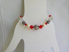 Red Clear Square Bead Bracelet Sterling Silver Faceted Glass Crystal Sparkle 7″L