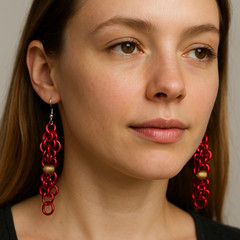Handmade Red European 4-1 Chainmail Weave Aluminum Dangle Earrings/Gold Accents