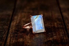 Rainbow Moonstone Ring 14k Rose Gold Rectangle Cut June Birthstone Jewelry