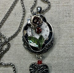 Steampunk Necklace- Vintage rose, Vintage Watch Face, Heart, Key, Silver Tone
