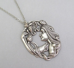 Art Nouveau Goddess Necklace Pendant Antiqued Silver Plated Brass Rhodium Plt