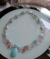 Vintage Necklace Amazonite Strawberry Quartz Pendant Madagascar 18″ 2 Strand