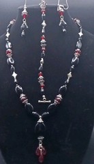 Beautiful Jewelry Set Black,Red & Silver, Fire Polished Crystals & Jet 23″ & 8″