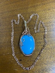 Handmade Copper Wire Wrapped Turquoise 1 1/3 x 2 3/4 Oval Pendant 18″ Chain #219