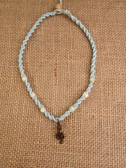 New Blue Hemp Necklace W/ Bronze Music Charm & White Beads 15 in Macrame