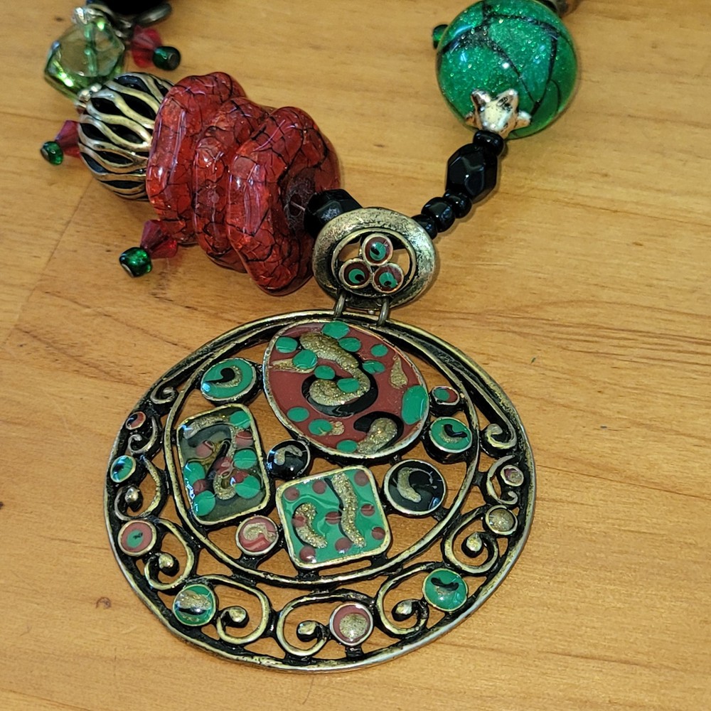 Artisan Mosaic Enamel Medallion Necklace Lampwork Foil Beads Chunky Boho