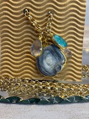 Natural Druzy Agate Slice and Multi-Gemstone Cluster Pendant Necklace