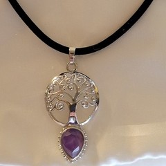 Tree Of Life Amethyst Pendant Gemstone Necklace/Choice Black Velvet Cord /Chain