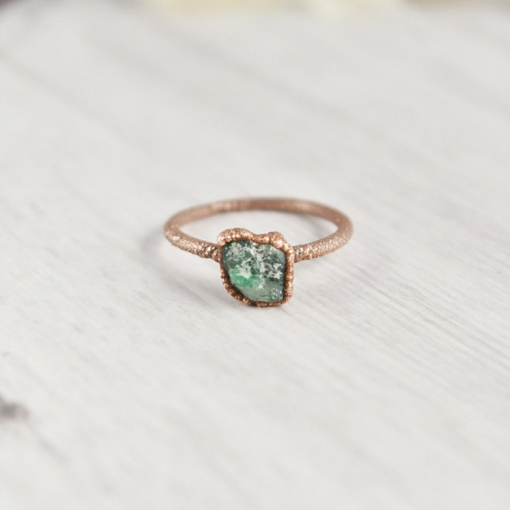 Size 7.5 Raw Emerald Ring, Antique Copper, Natural Stone Crystal, Boho Jewelry