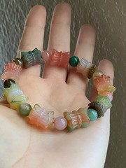 Natural Double Lotus Agate Bracelet Carved Floral Gemstone Stretch 6.5″