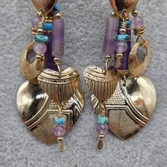 Vintage TABRA Signed Amethyst Turquoise Gemstone Hearts Circle Dangle Earrings
