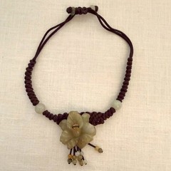 Vintage Handmade Jade Flower Macrame Bracelet Adjustable Artisan Natural Stone