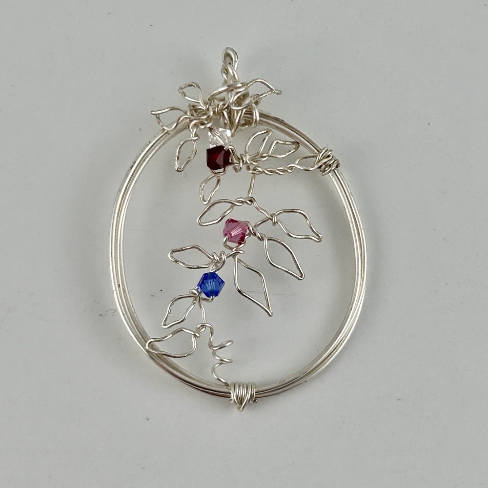 Handcrafted Artisan Pendant Wire 4 Beads Flower Vine Twisted 2.25” Silver Tone