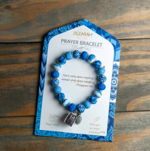 NEW JILZARAH Clay Beads PRAYER CHARM MESSAGE BOX BLUE WHITE Petite 8mm Bracelet