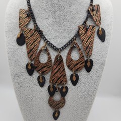 Artisan Bib Statement Necklace Boho Hippie Tribal Copper Tiger Stripe Eclectic