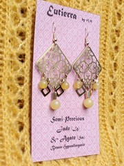 Eutierra Semi-Precious Yellow Jade Earrings Hand Crafted In The USA Brass 2 5/8″