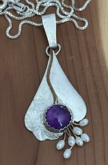 Vtg Designer Sterling 925 Amethyst, Pearl Beads Gold Wire Pendant Necklace 18”in