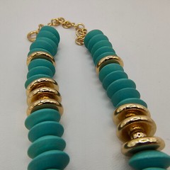 Boho Wood Disc Bead Statement Necklace Set of 2 Orange Turquoise Color Gold Tone