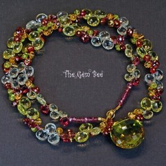 Lemon Quartz Prasiolite Garnet 19″ Cluster Necklace With 18K Solid Gold Clasp
