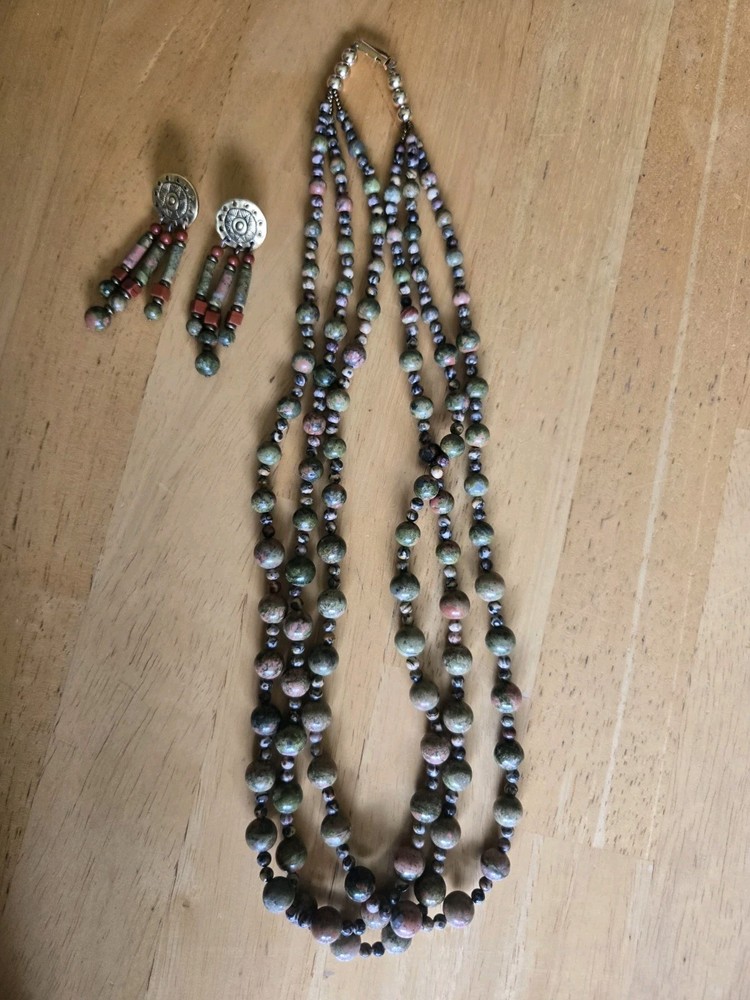 Unakite Jasper Necklace Earrings Set Natural Stone Beaded Sun Tribal Handmade