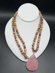 Long Handmade Rhodonite Pendant Necklace Picture Jasper Beads Pink Stone Boho