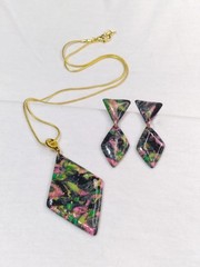 Handcrafted Earring Chain Necklace Set Polymer Clay Black Neon Pink Green Yellow