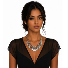 Silver Layered Crescent Links Statement Necklace Bold Antiqued Fashion Jewelry
