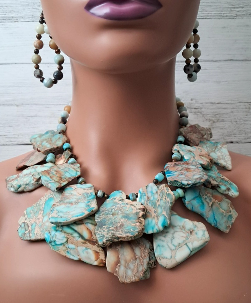 Slab Impression Jasper Blue Brown Amazonite Tigers Eye Huge Double Strand 273G