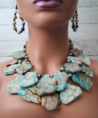 Slab Impression Jasper Blue Brown Amazonite Tigers Eye Huge Double Strand 273G