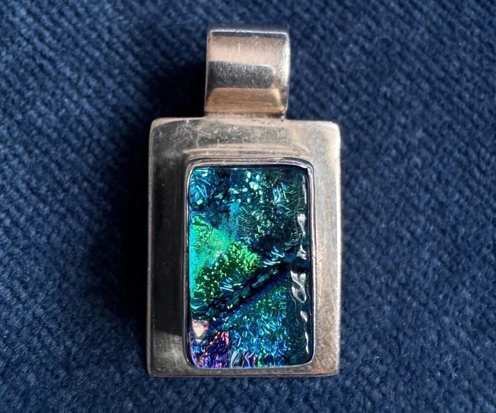 950 Sterling Silver blue and green dichroic glass Pendant