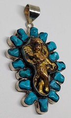 vtg large Turquoise mixed metal Angel Pendant handmade Silver Bronze/Brass OOAK