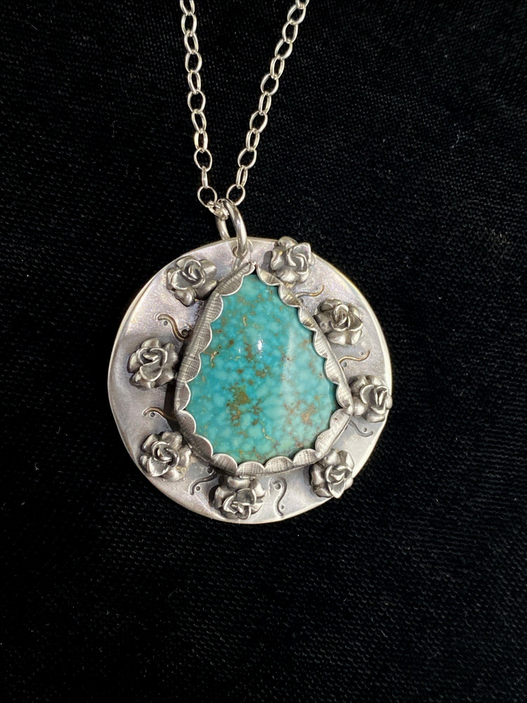 Turquoise Pendant Gemstone 925 Sterling Silver Roses 18″ Necklace Handmade