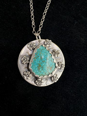 Turquoise Pendant Gemstone 925 Sterling Silver Roses 18″ Necklace Handmade