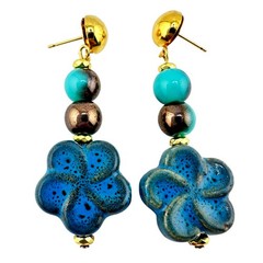 Ceramic Blue Flower Fired Glass Teal Beaded Handmade Dangle Drop 2″ Earrings