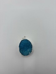 Blue Agate Quartz Druzy Thick Slice Pendant Silver Toned